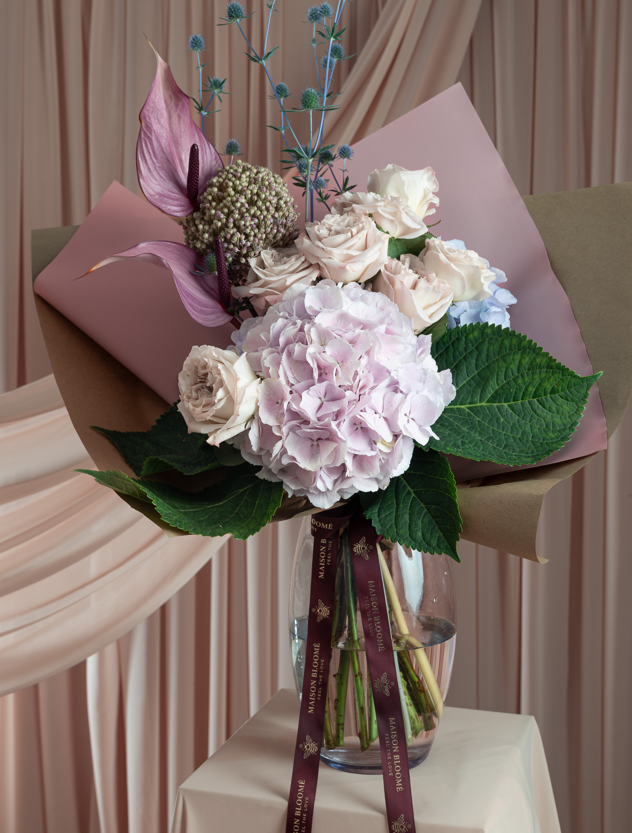 Blush and ivory flower bouquet with roses and hydrangea by Maison Bloomé Adelaide florist same day delivery