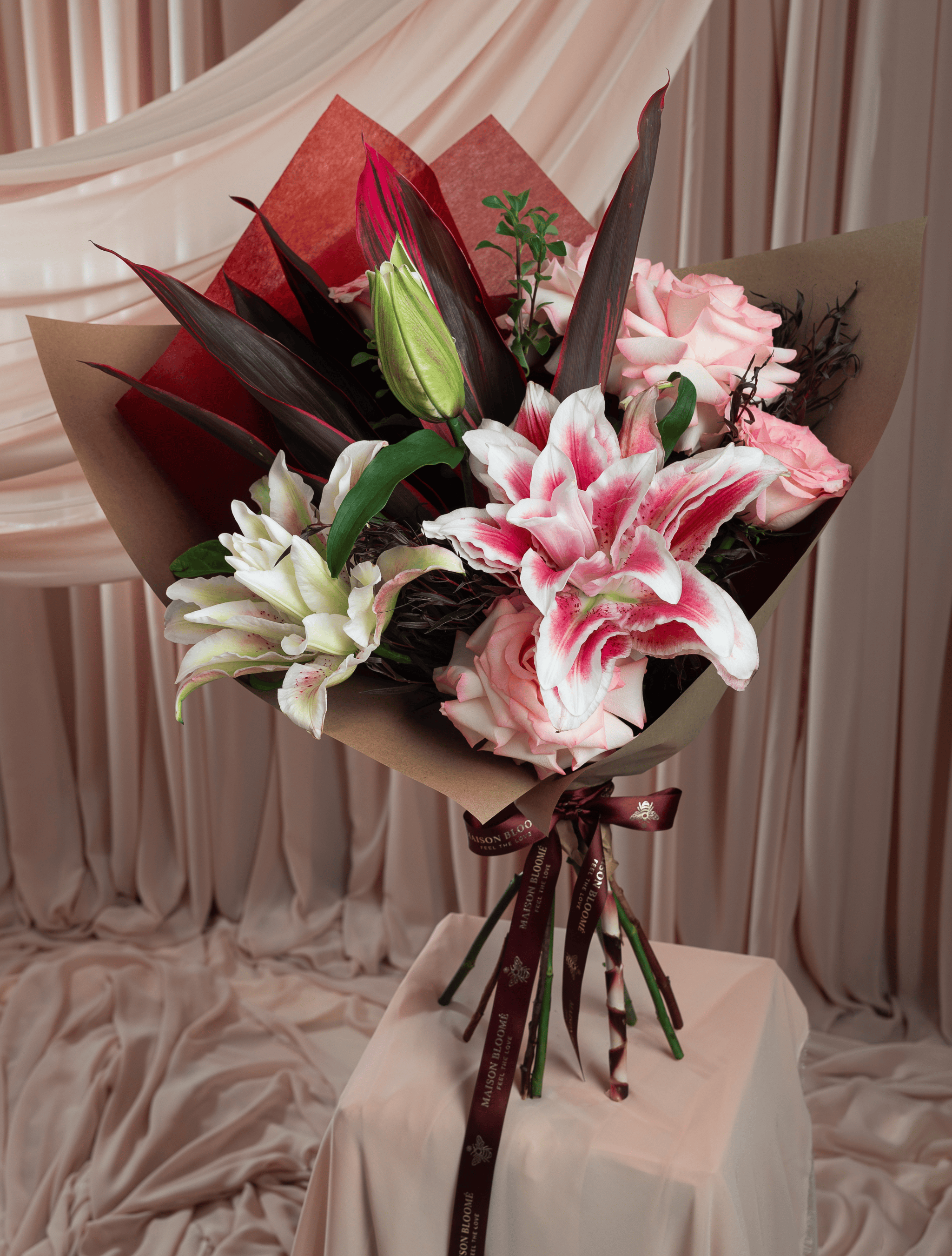 “Blush bouquet with pink lilies and roses by Maison Bloomé Adelaide florist same day delivery