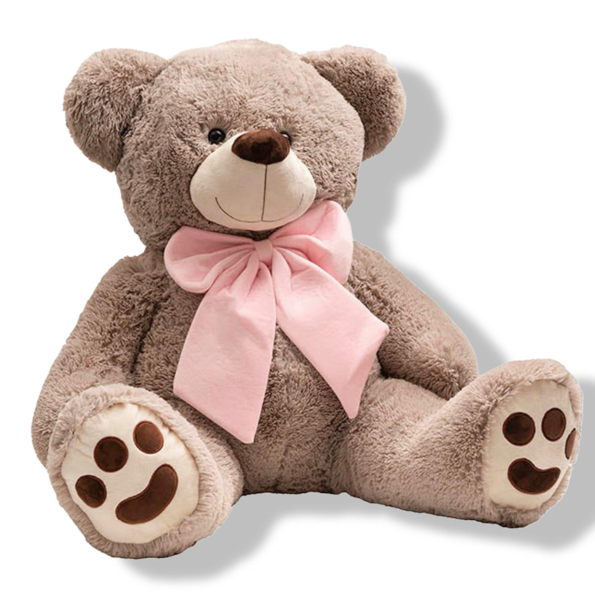 Giant 115cm warm grey plush teddy bear with pink bow – Maison Bloomé Adelaide