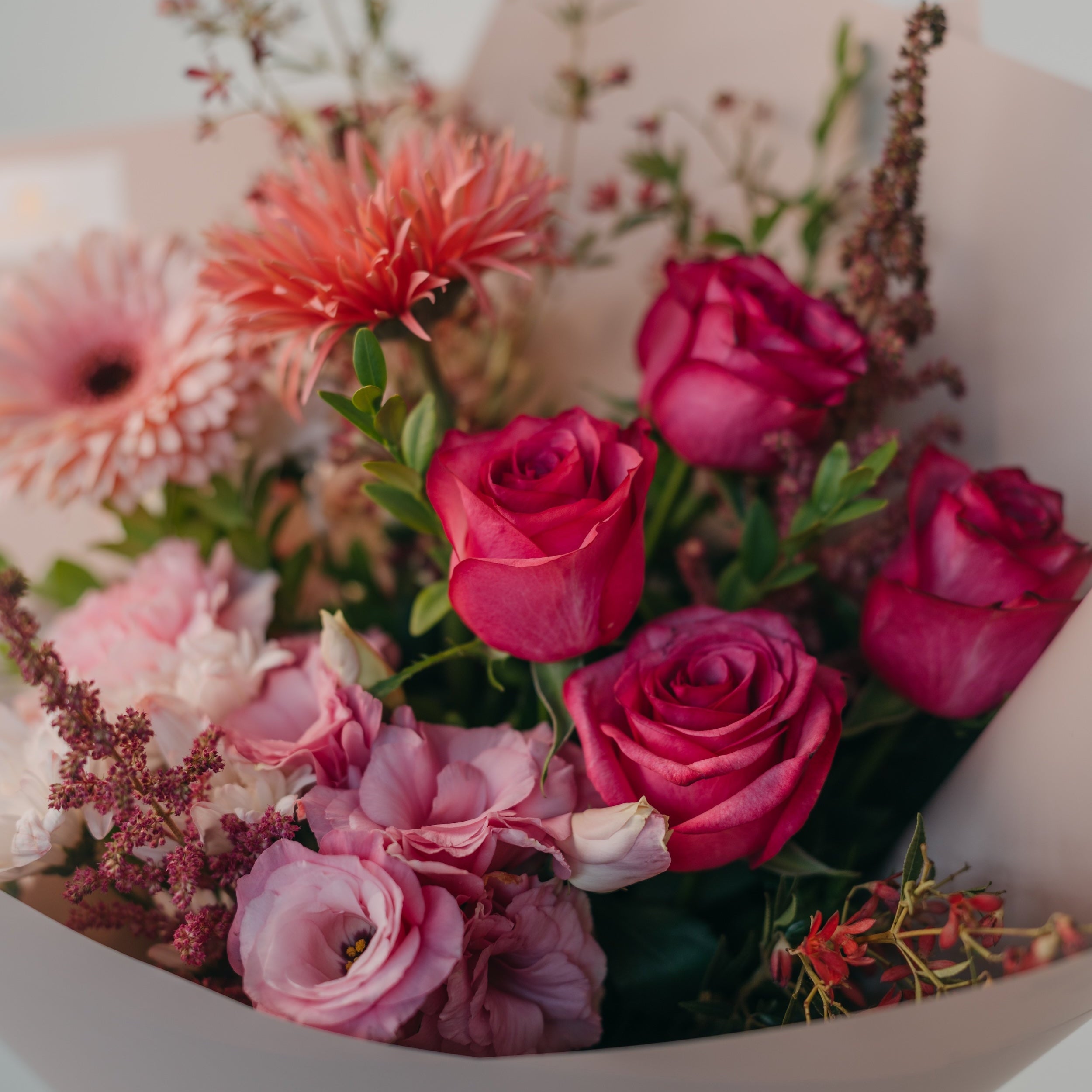 Soft pink mixed flower bouquet with roses and gerbera by Maison Bloomé florist Adelaide