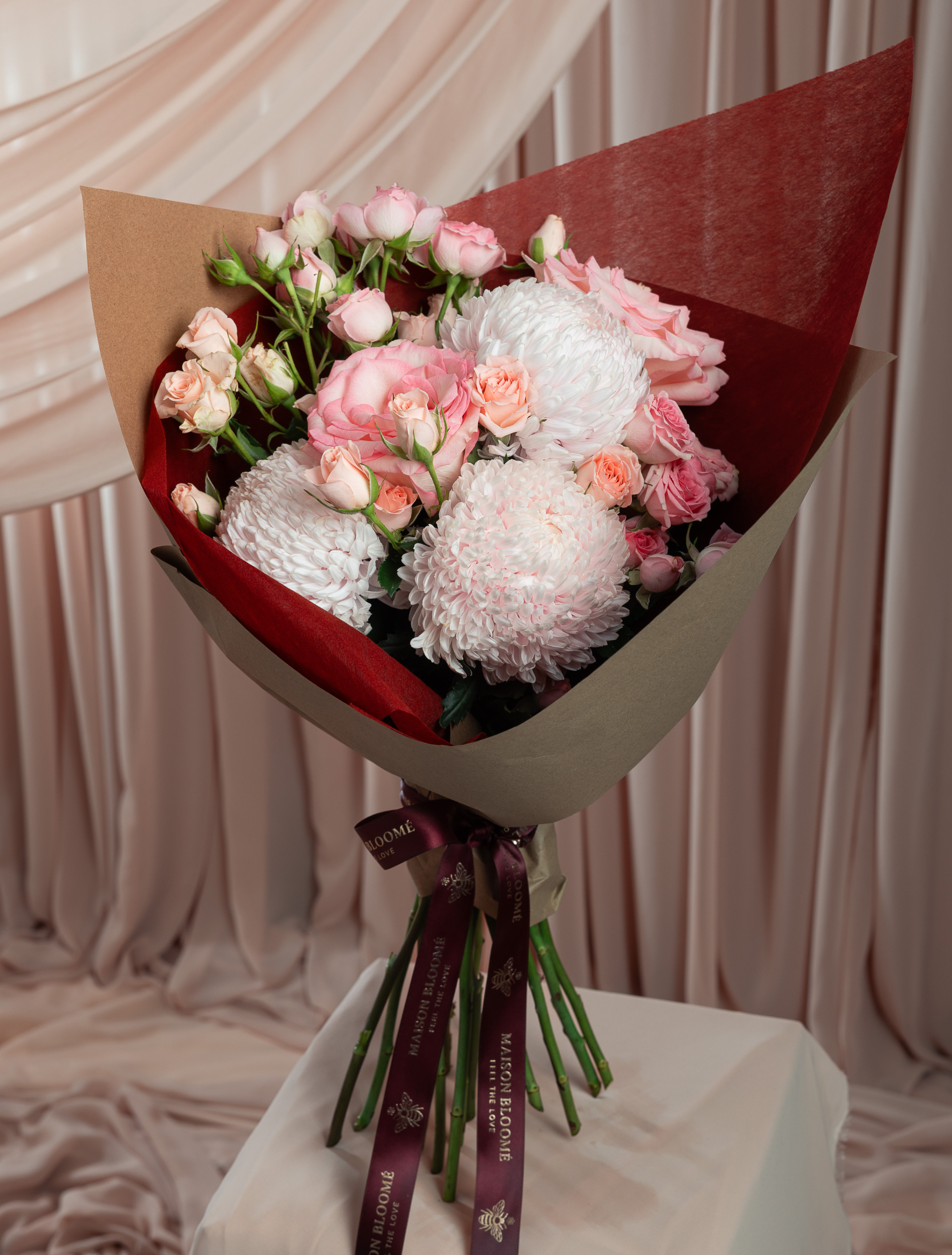 Soft pink and white bouquet with roses and chrysanthemums by Maison Bloomé Adelaide florist same day delivery