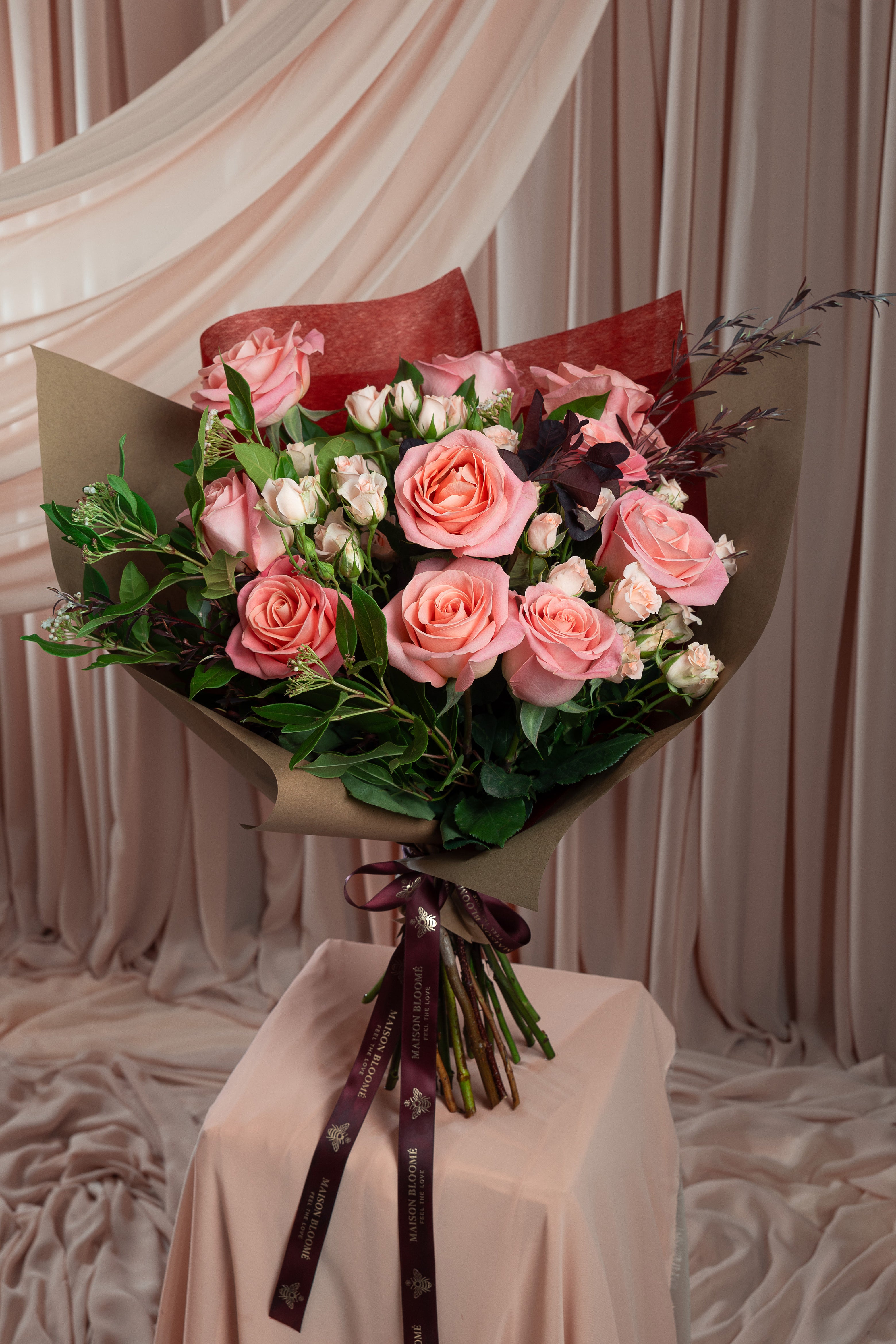 Close-up pink Ecuadorian rose bouquet with spray roses by Maison Bloomé Adelaide florist