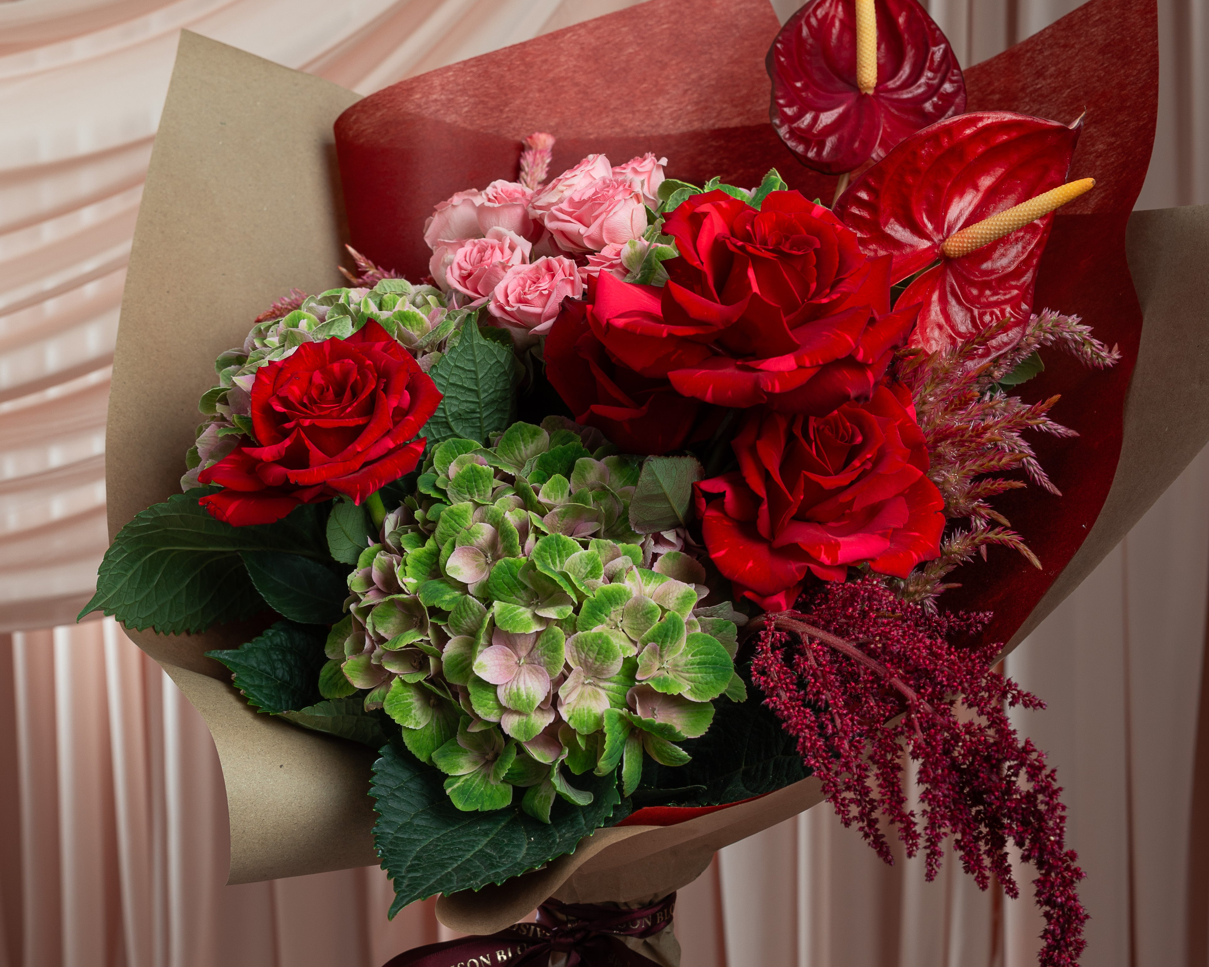 Close-up of premium red rose bouquet with hydrangea and anthurium, Maison Bloomé Adelaide florist