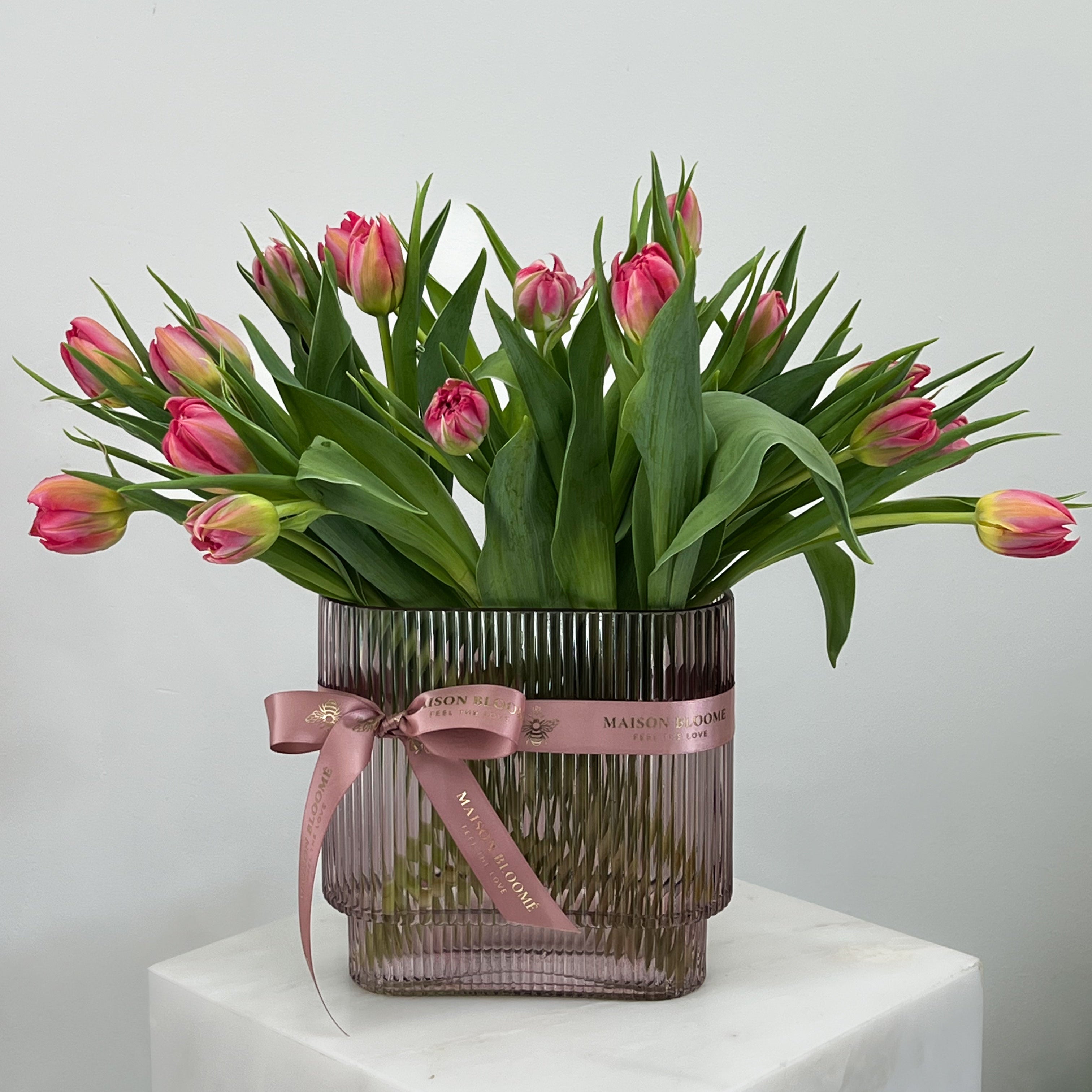 pink tulip a glass vase arrangement in branded glass vase, ,Maison Boomé Adelaide