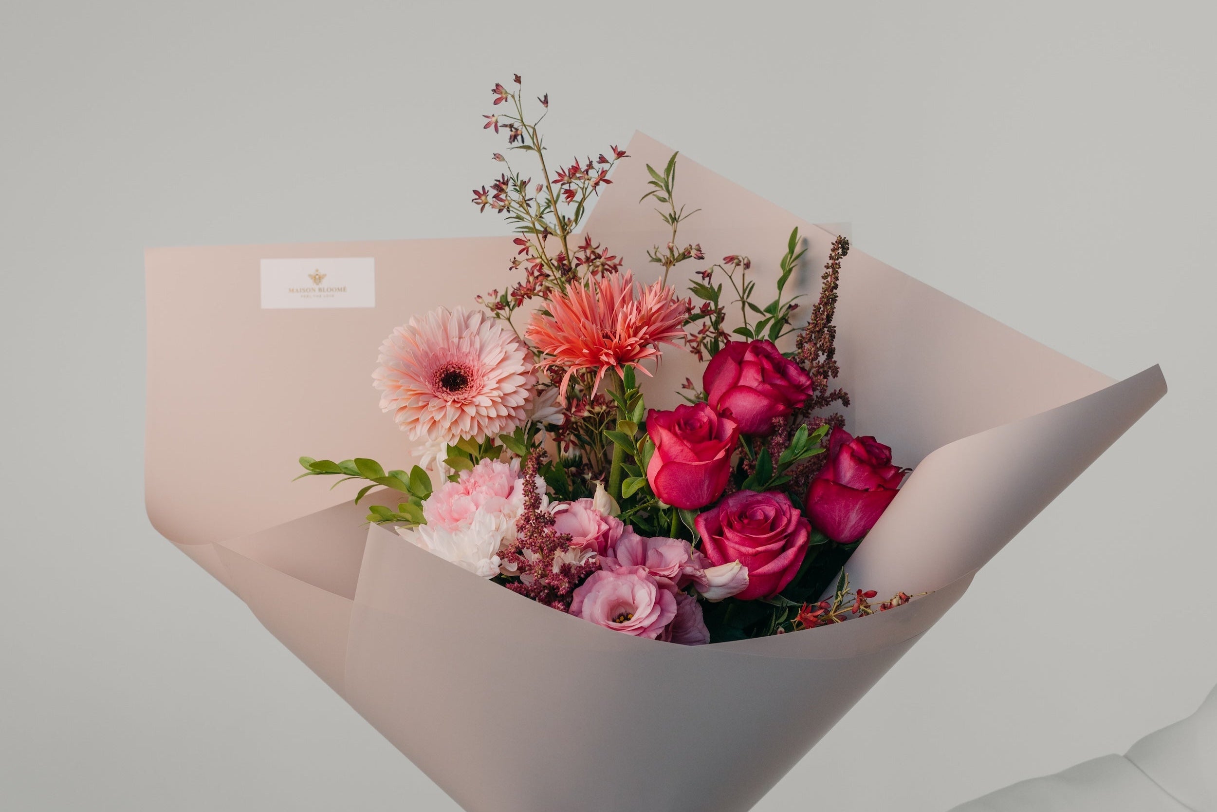 Soft pink mixed flower bouquet with roses and gerbera by Maison Bloomé florist Adelaide
