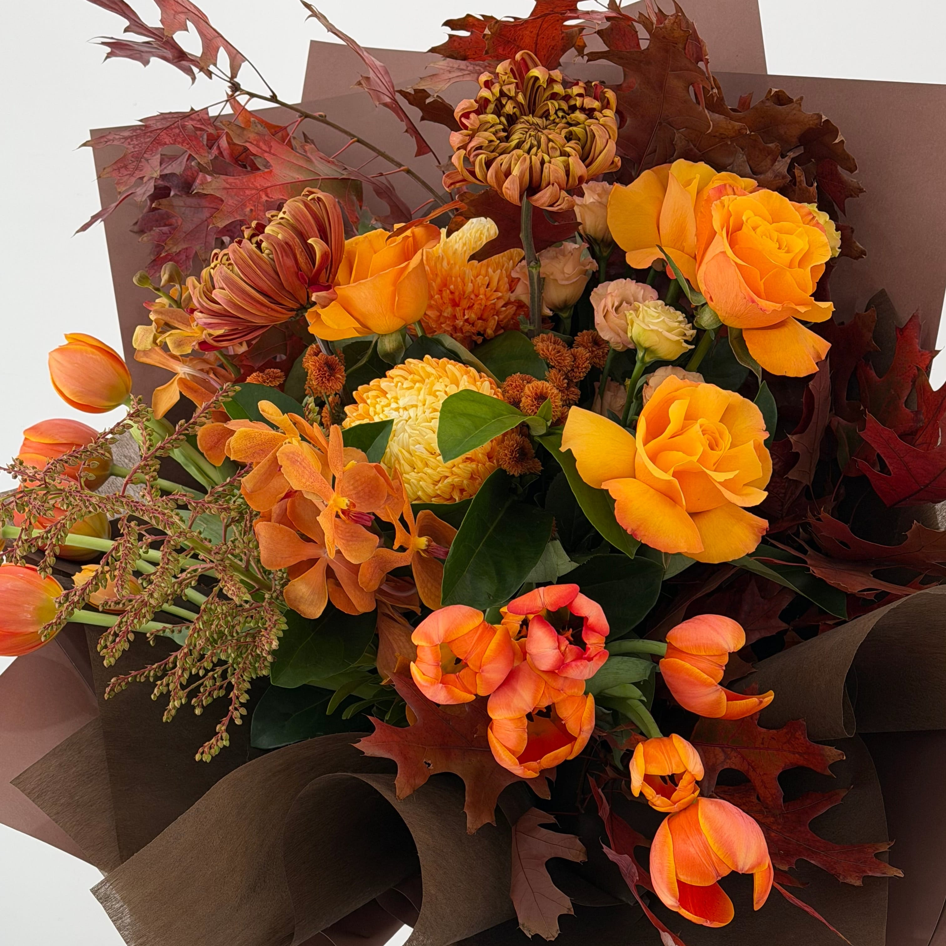 Close-up detail of The Autumn Edit seasonal bouquet in rich autumn tones by Maison Bloomé Adelaide.